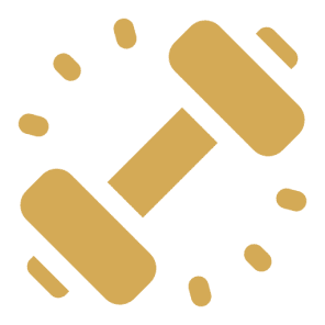 Gold dumbbell icon on black background.
