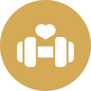Dumbbell with heart symbol on circle background.