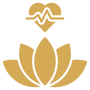 Lotus and heart health symbol on black.