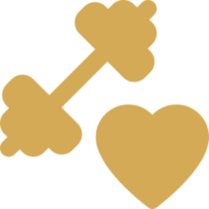 Golden dumbbell and heart on black background.