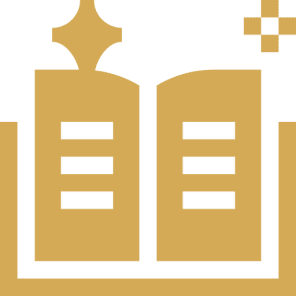 Open book icon with gold accents.