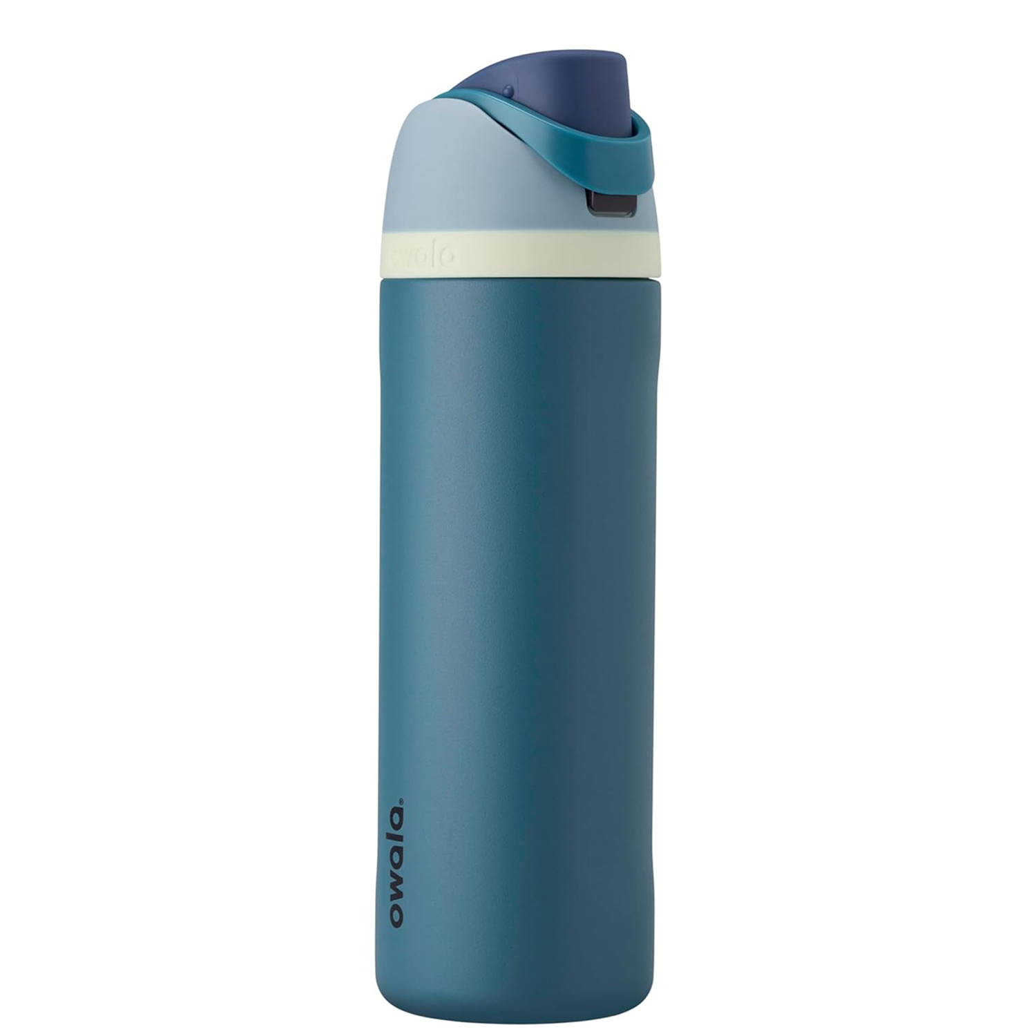Blue stainless steel water bottle on a white background