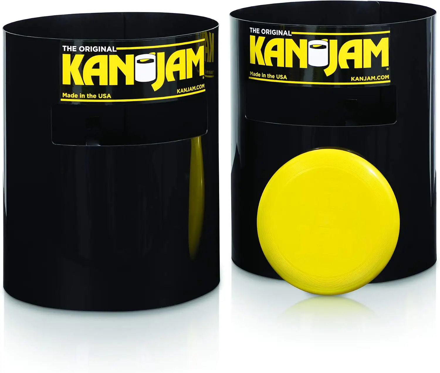 Black box with the words "Kanjam" printed on it, and a yellow frisbee sitting next to it