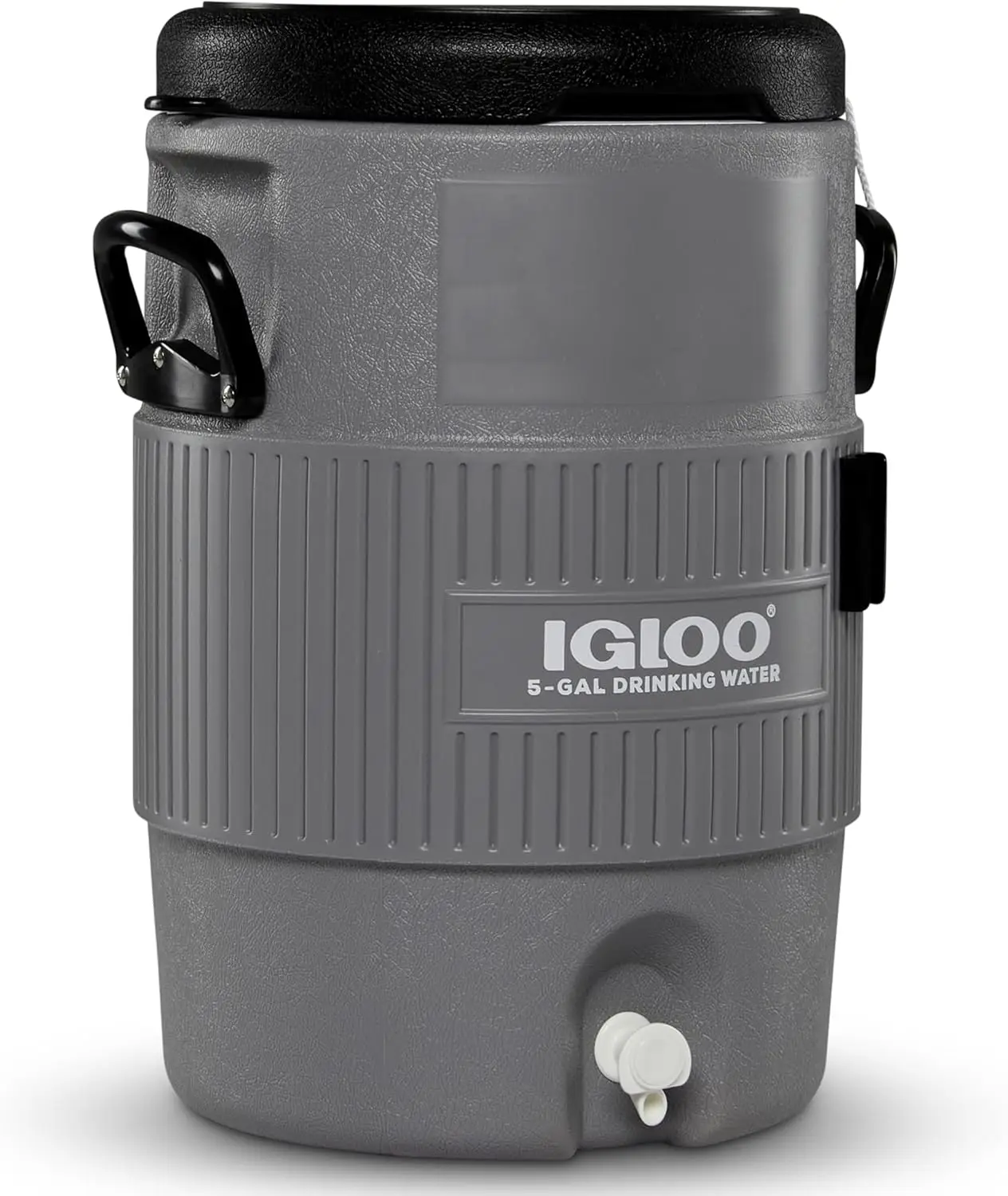 Igloo 5 gallon beverage cooler with a black lid and a white background