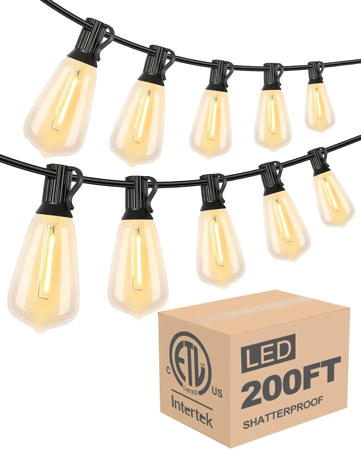 Box of 200ft of E27 LED string lights, perfect for outdoor patio, wedding, party, and garden lighting