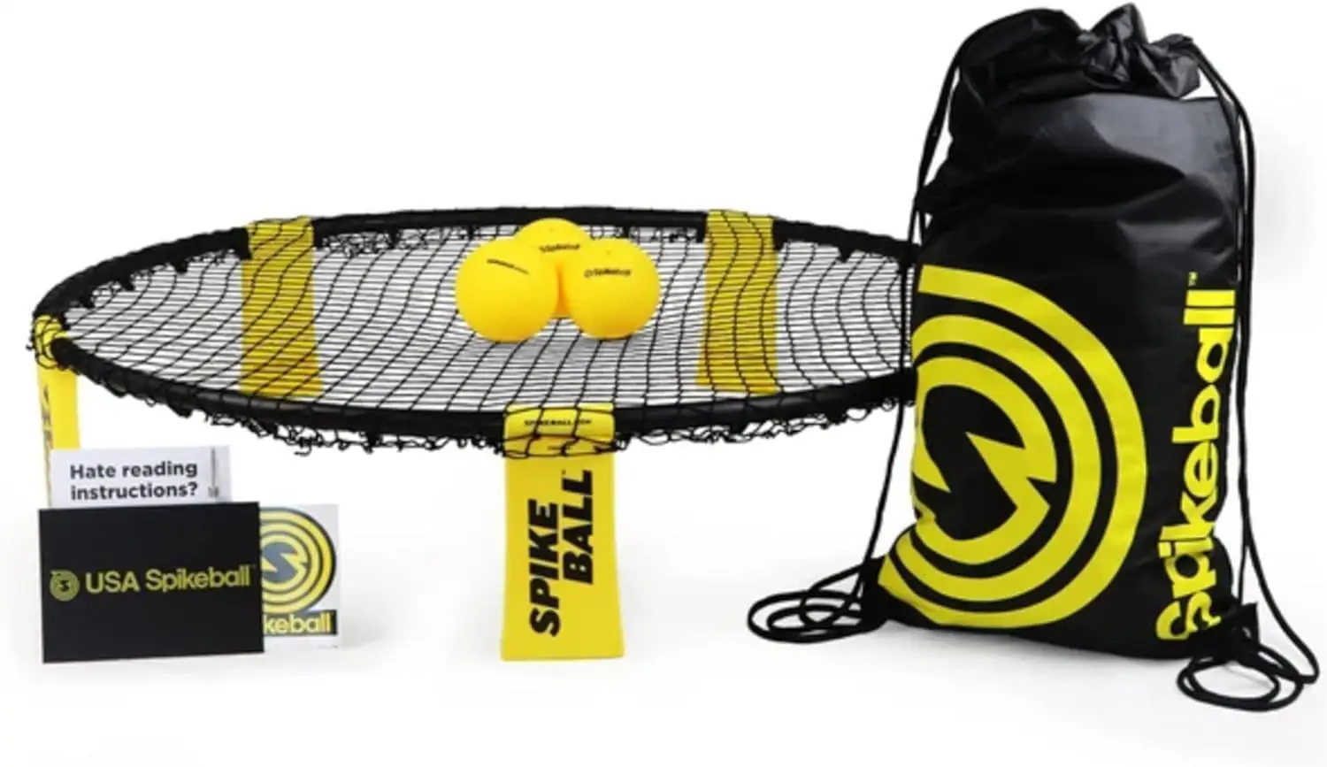 Black and yellow bag with a yellow ball on top of it, along with a net and a few cards