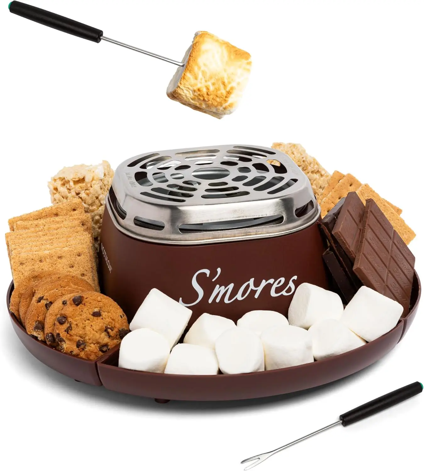 S'mores fondue set with a plate of cookies, marshmallows, and chocolate, as well as a spatula
