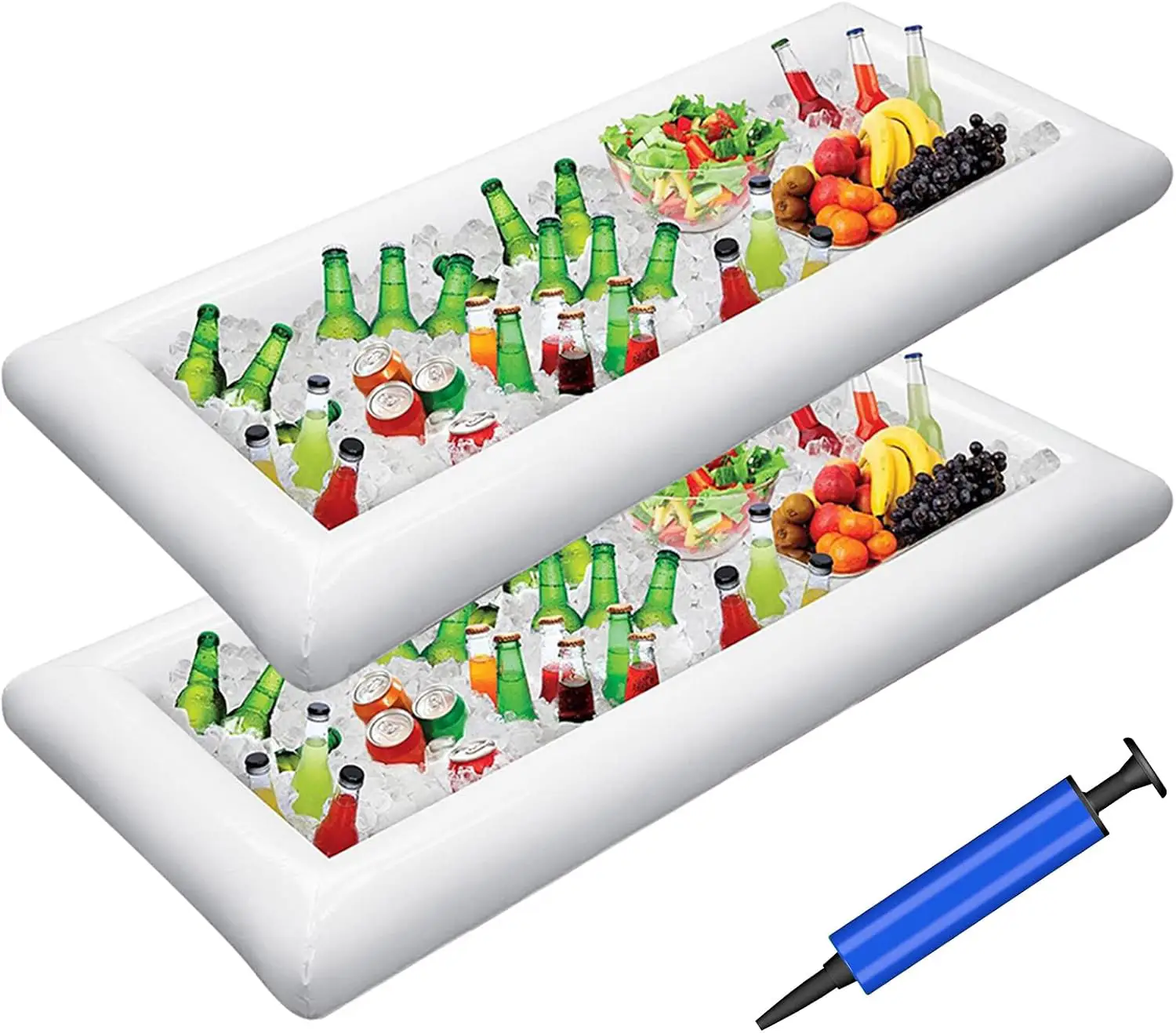 Inflatable cooler filled with bottles of beer and ice, as well as a variety of fruits and vegetables
