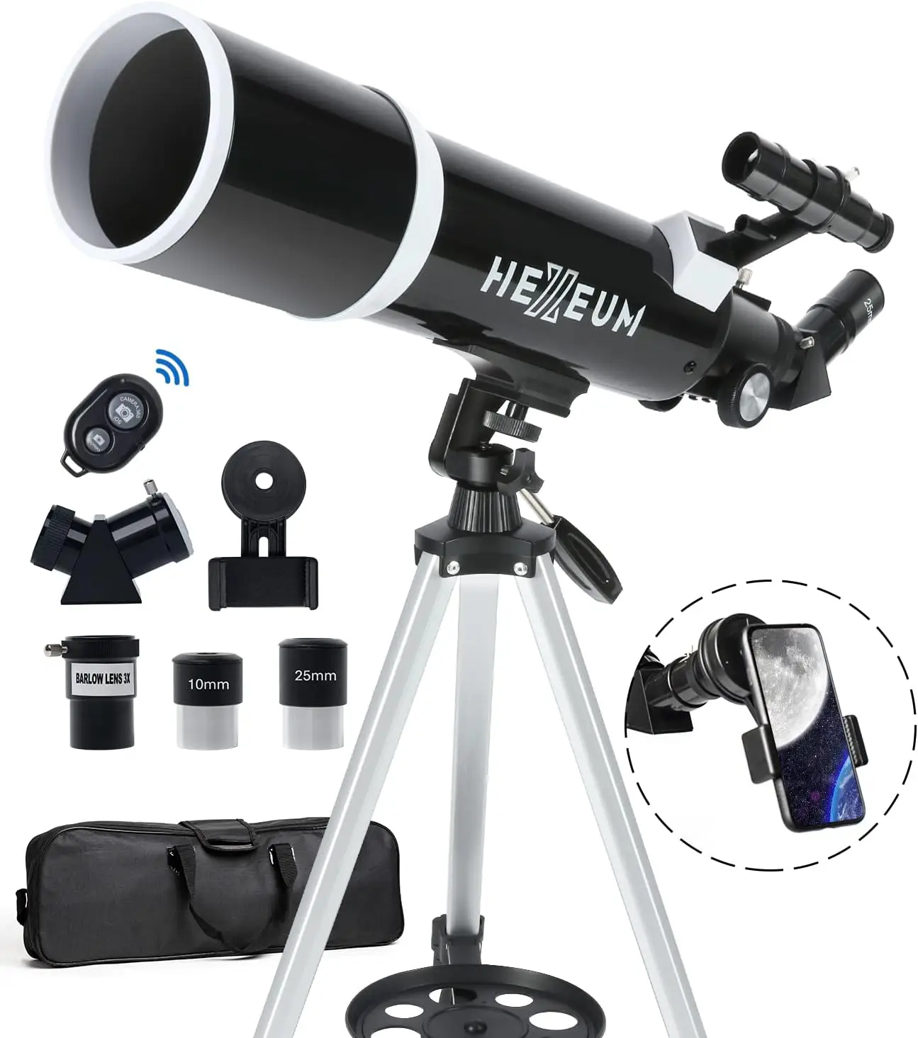 Hezeum 80mm telescope with a tripod and a bag, along with a mobile phone holder, all on a white background