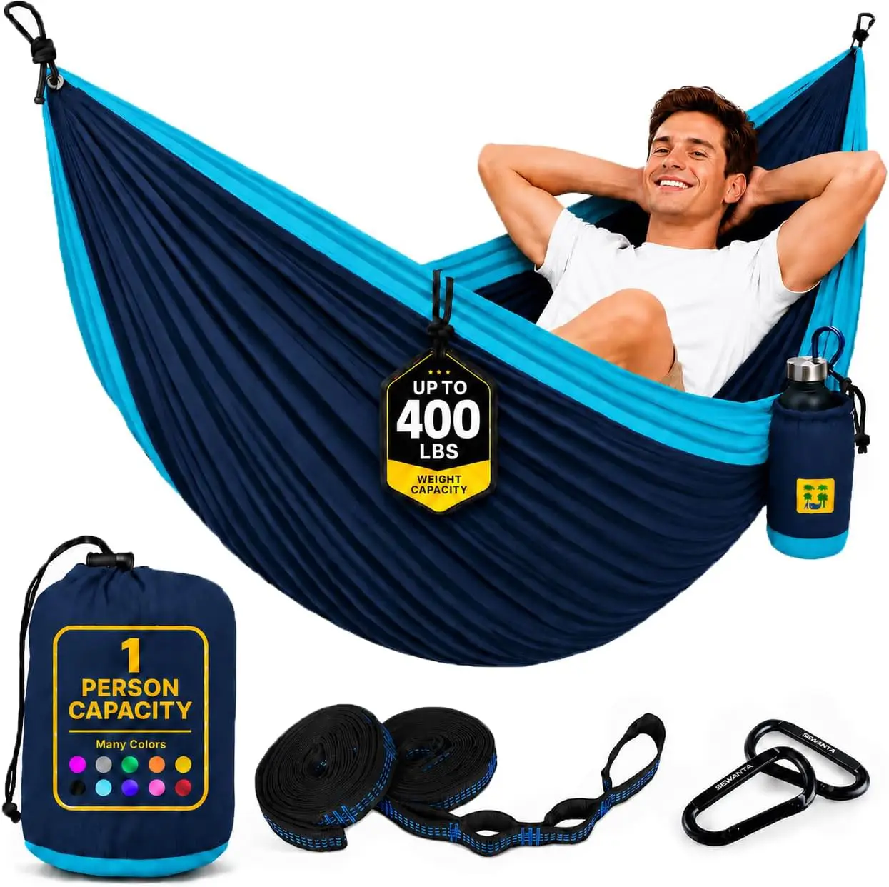 Man laying in a blue and black portable parachute hammock, with a bottle of water beside him