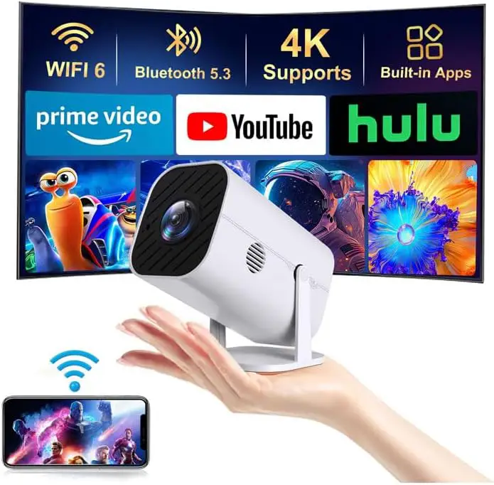 Person holding a smart home security camera in front of a TV, with a WiFi signal, text