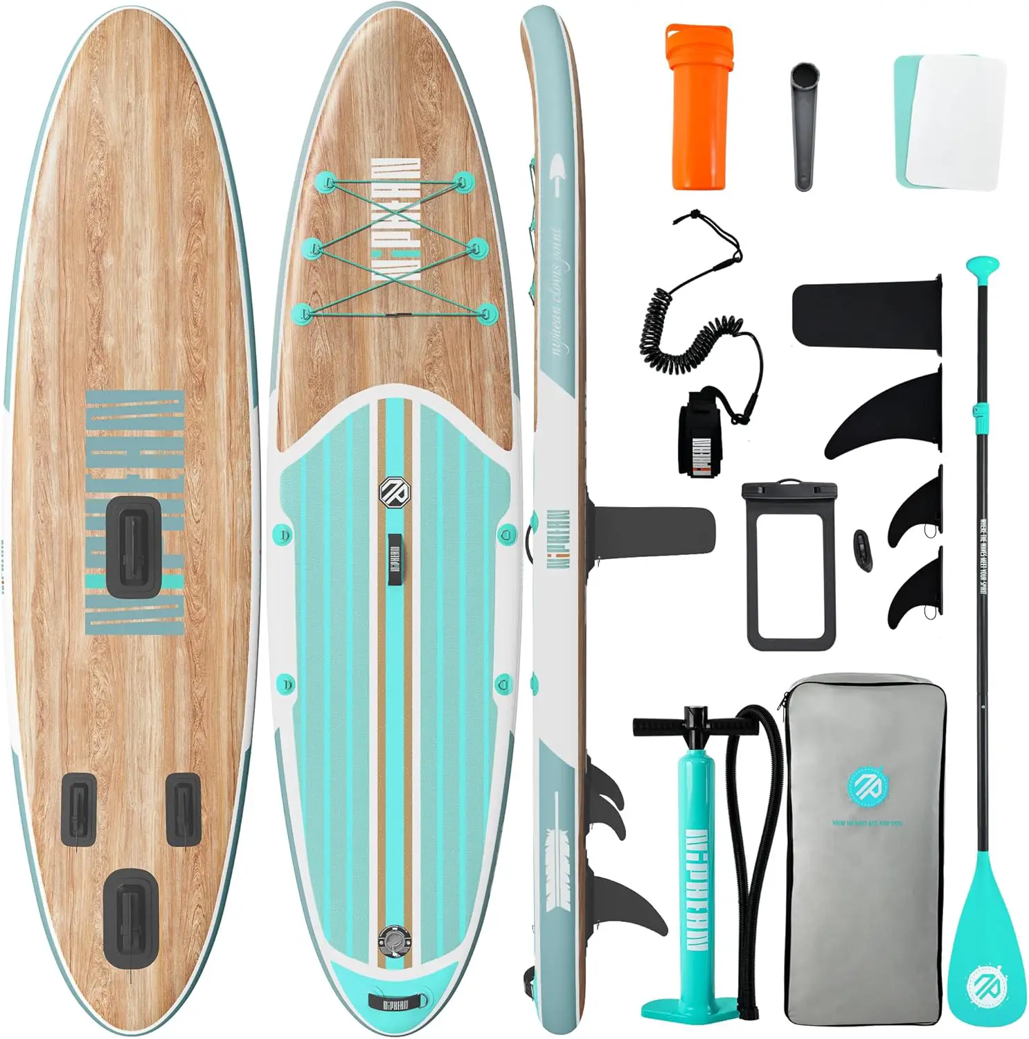 10'6 inflatable stand up paddle board with a blue and white stripe, complete with a paddle, paddle board, bag