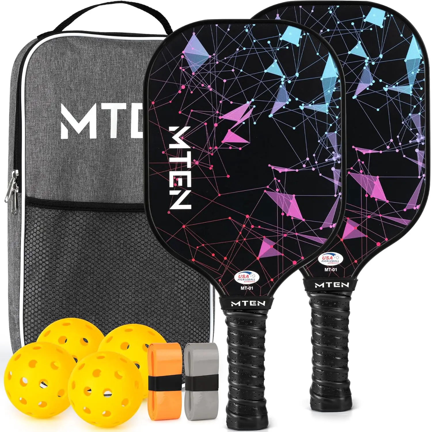Set of two MTEN pickleball paddles and four yellow balls, along with a bag, all against a white background