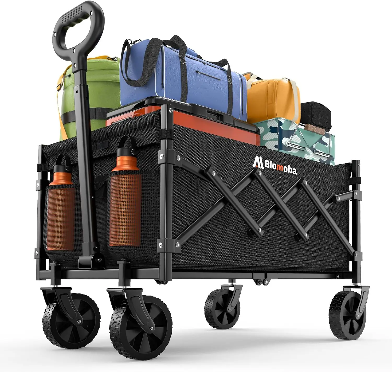 Black folding wagon with four wheels and a handle, filled with bags and bottles