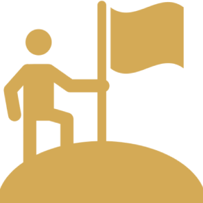 Person icon holding flag on hilltop.