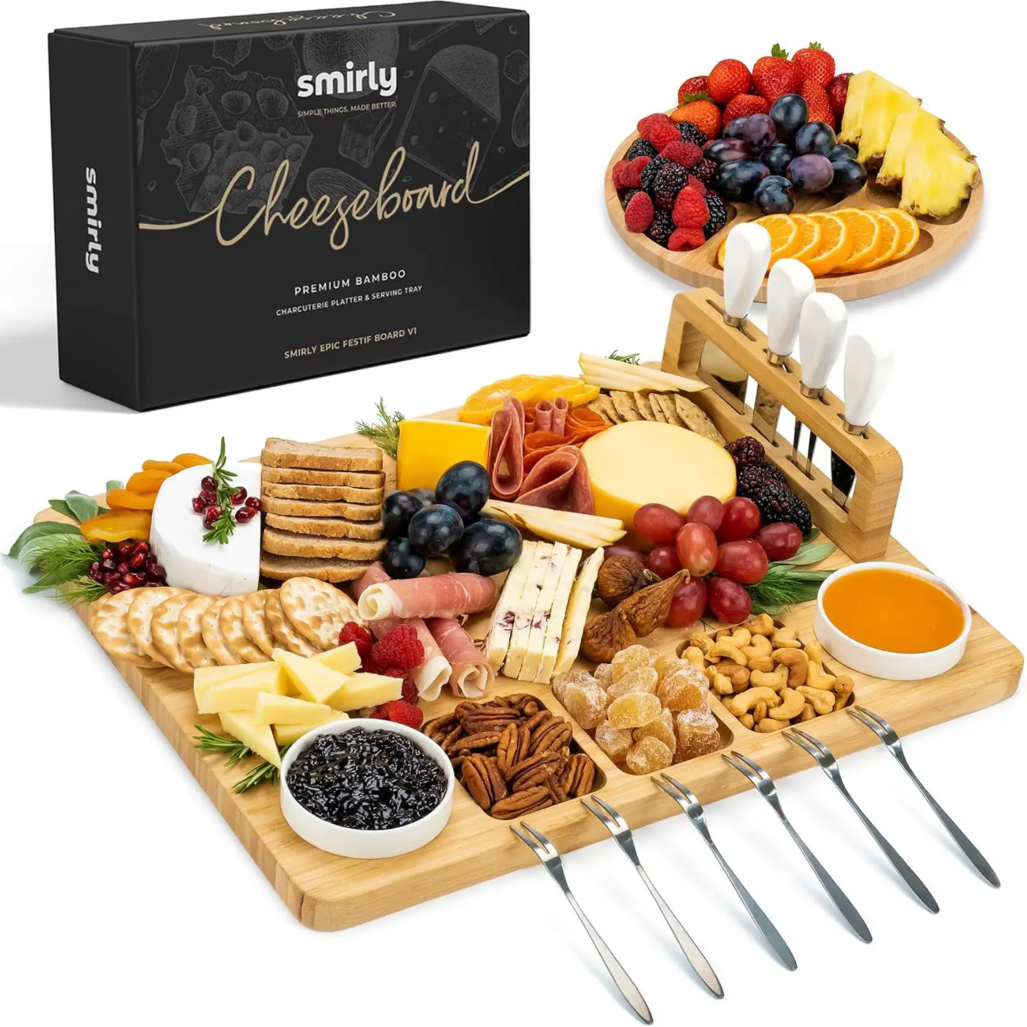 Smirly epic cheese board with a variety of cheeses, fruits, nuts, and other food items arranged on a wooden board
