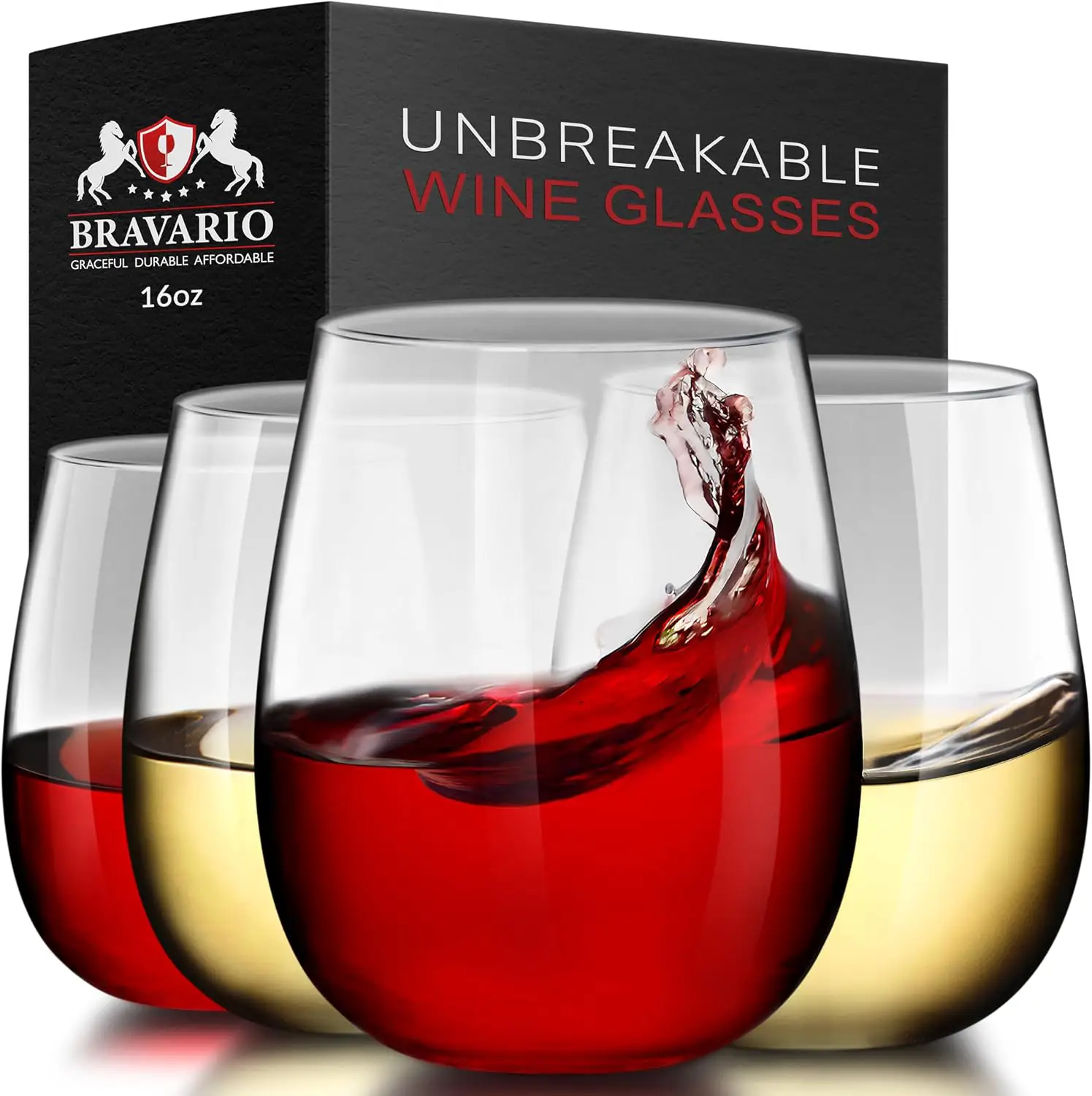 Set of four Bravario Unbreakable Wine Glasses, each with a capacity of 16oz