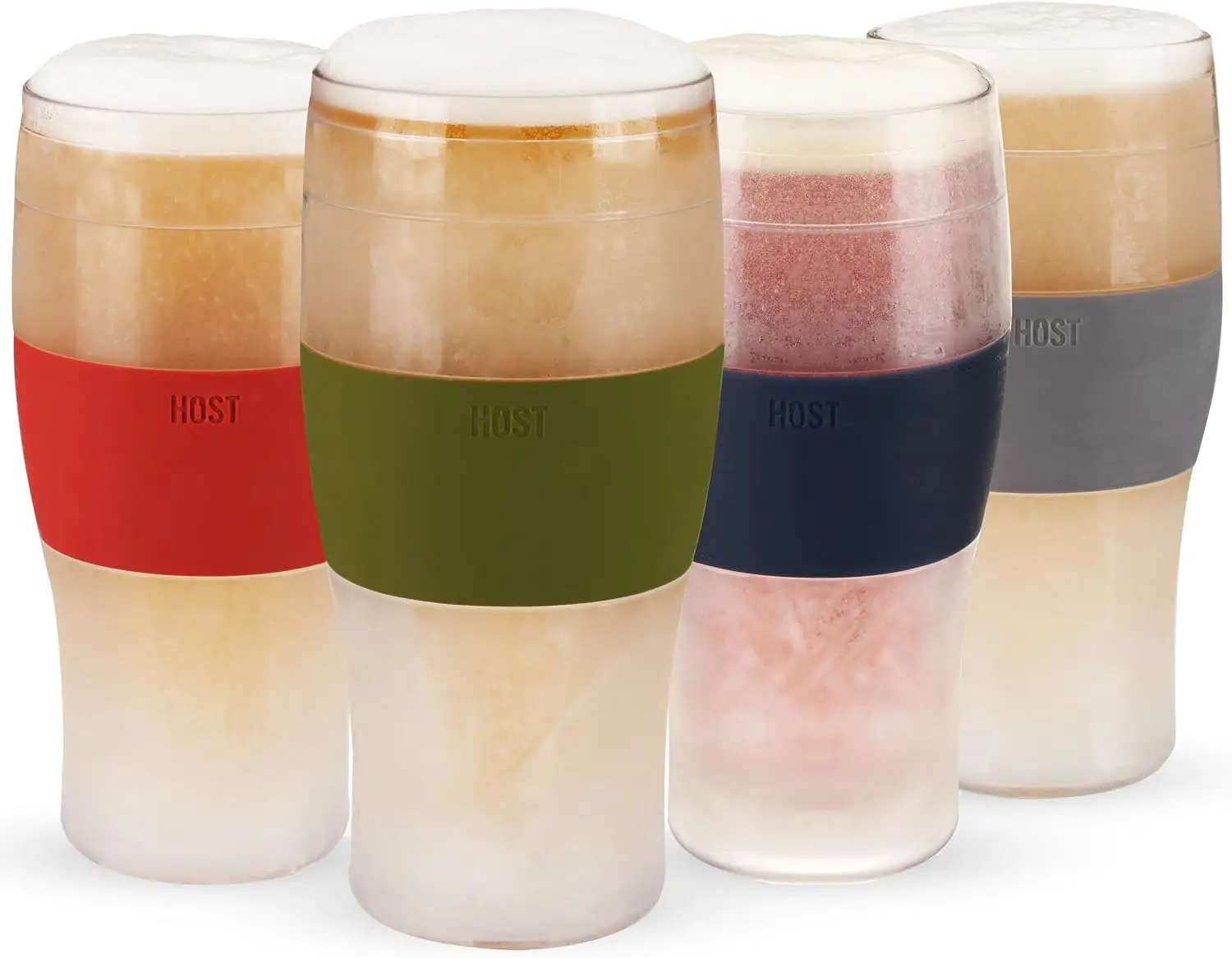 Set of four 16 oz insulated tumblers with different colors of beer on them, set against a white background