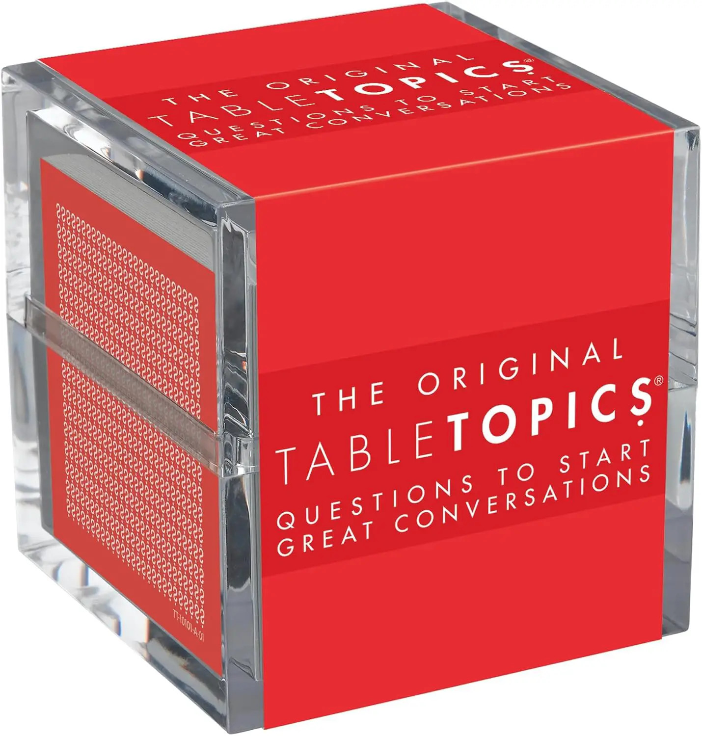 Red box with the words "The Original Tabletopics Questions to Start Great Conversations" written on it