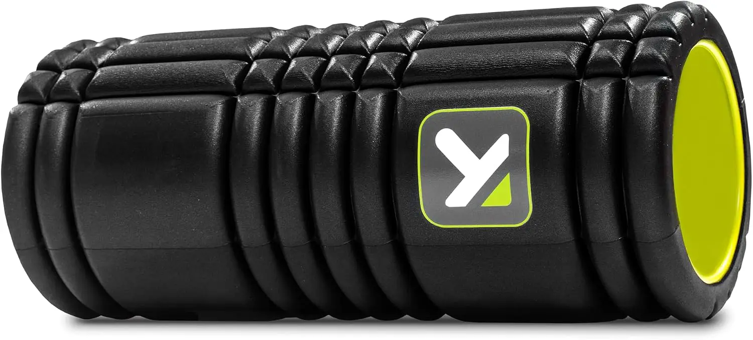 Black and yellow trigger point grid foam roller with a white background