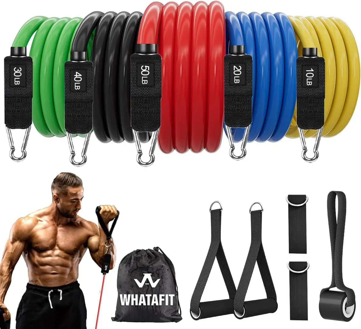 Man holding a set of resistance bands with hooks, which are designed for home gym workouts