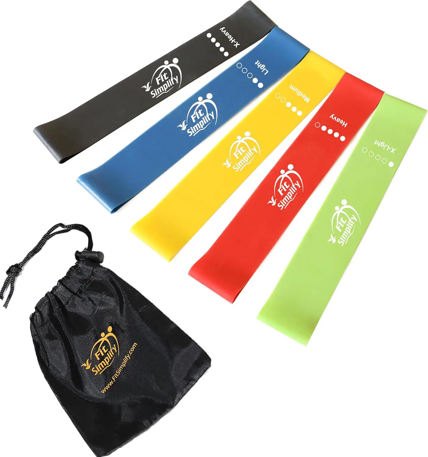 Set of five resistance bands in a black drawstring bag, each with a different color and text printed on them