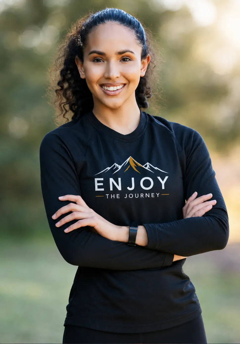 Woman standing and wearing a black long sleeve shirt with the words "enjoy the journey" printed on it