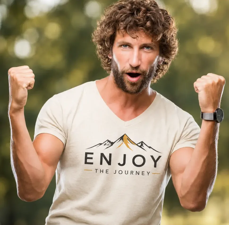 Man wearing a t-shirt with the words "enjoy the journey" printed on it, standing in front of a blurred background