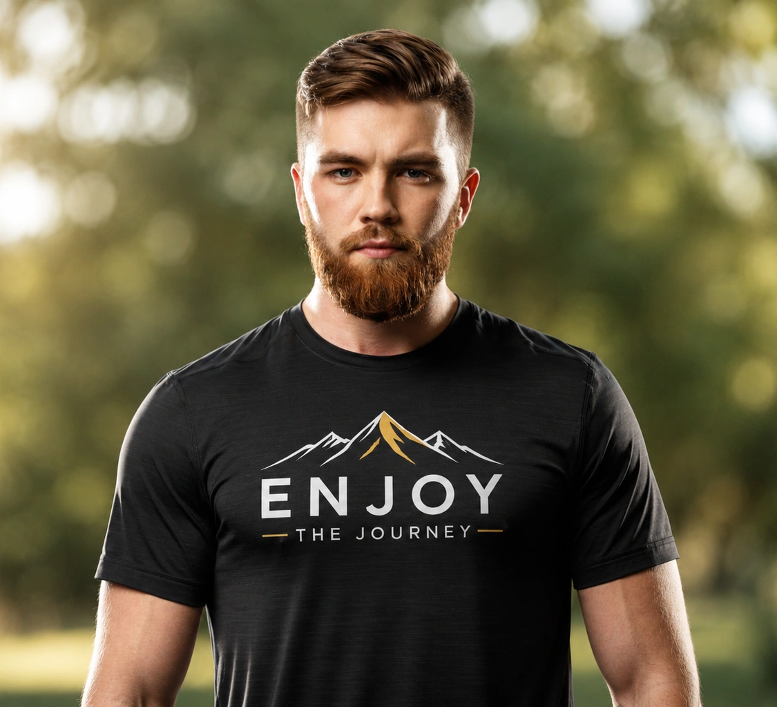 Man with a beard wearing a t-shirt with the words "enjoy the journey" printed on it