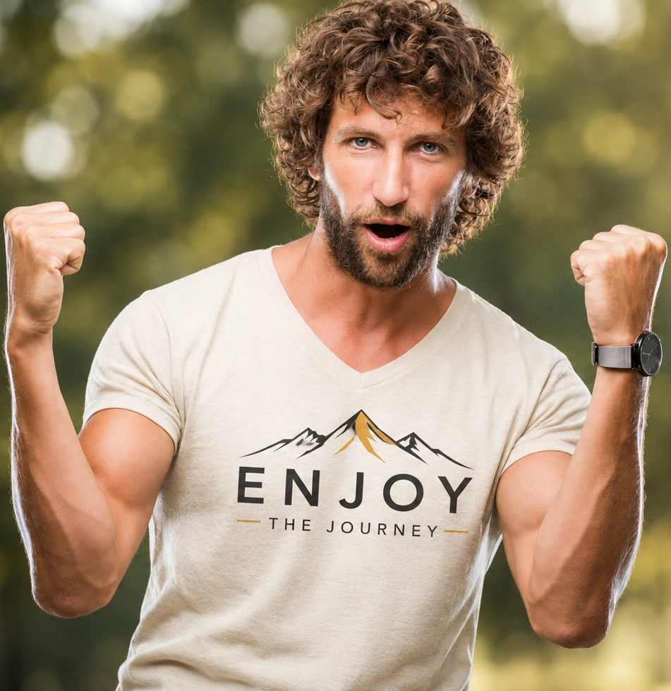 Excited man flexing muscles, wearing a watch