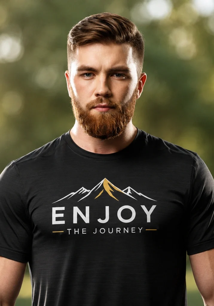Man with a beard wearing a t-shirt with the words "enjoy the journey" printed on it